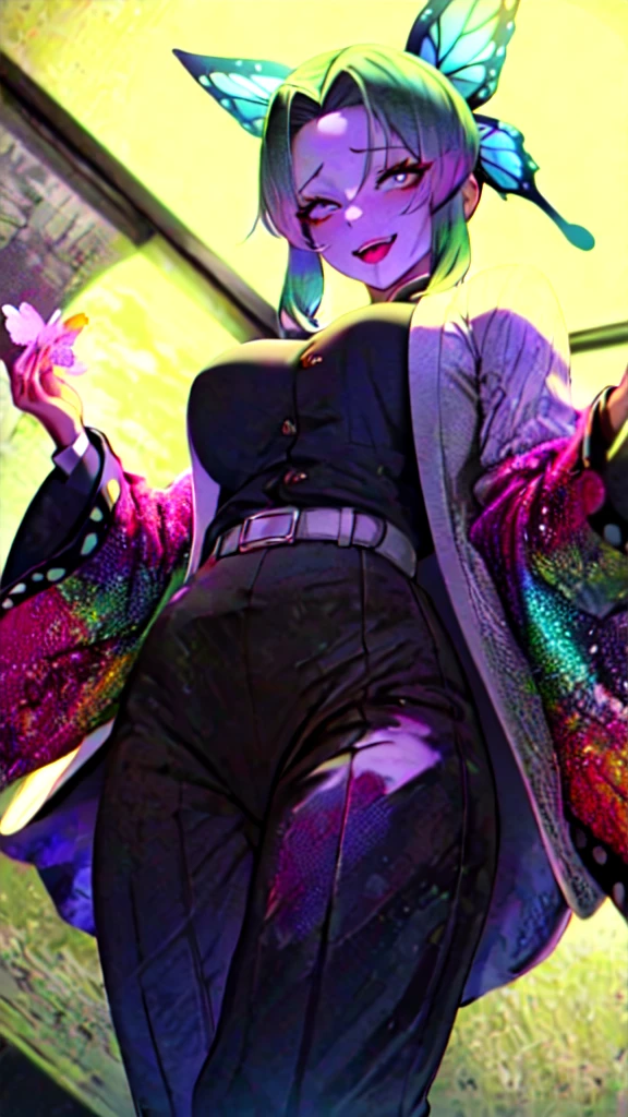 Masterpiece, Best Quality,(detailed), 1 girl, Alone, Kochou Shinobu, butterfly hair ornament, purple eyes, multicolor fur, short hair, split bangs,
Haori, wide sleeves, long sleeves, Black pants, black jacket, belt, sexy, SMILE, from below, fingering, schlick, masturbation