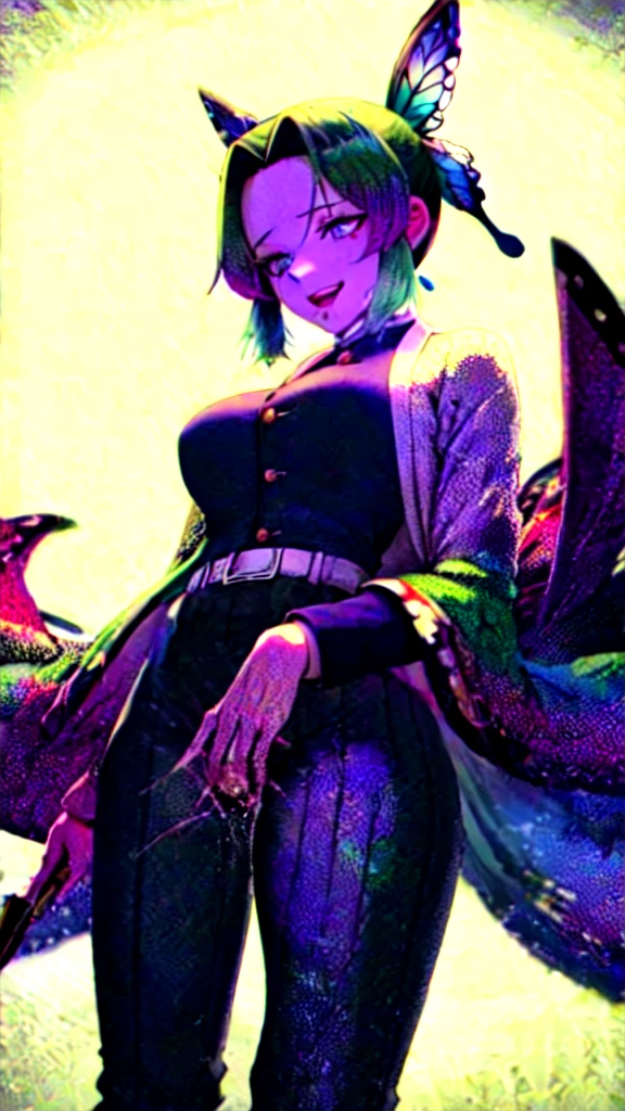 Masterpiece, Best Quality,(detailed), 1 girl, Alone, Kochou Shinobu, butterfly hair ornament, purple eyes, multicolor fur, short hair, split bangs,
Haori, wide sleeves, long sleeves, Black pants, black jacket, belt, sexy, SMILE, from below, fingering, schlick, masturbation