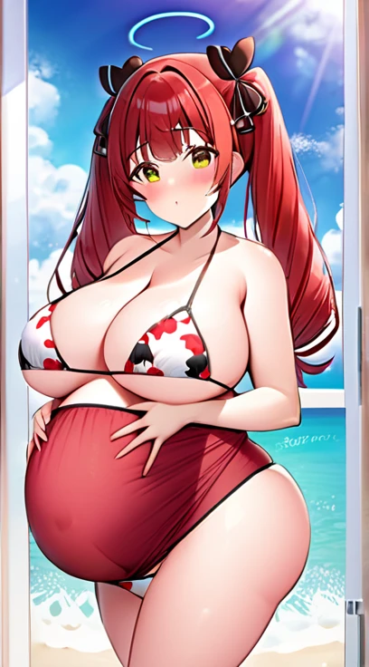 bikini,Big Breasts,Pregnant women,Pregnant belly,Multiple births,Red hair,Twin tails