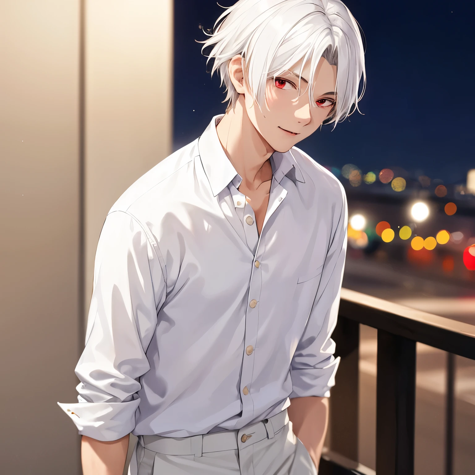 1boy,Standing, slight smile,18 years old,guy, at night,close up photo,handsome,side parted hair,short hair, straight hair, white hair, white shirt,white trousers,red eyes, vampire,close up photo