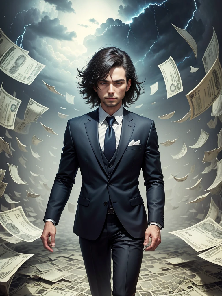 Detailed painting of a person in a suit, Surrounded by a storm of dollar bills, in the center「Financial Formula」Put down the book.