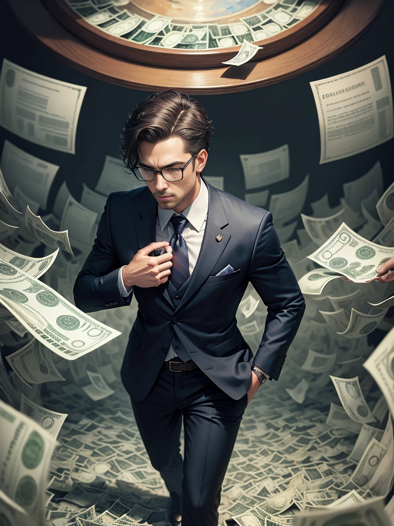 Detailed painting of a person in a suit, Surrounded by a storm of dollar bills, in the center「Financial Formula」Put down the book.