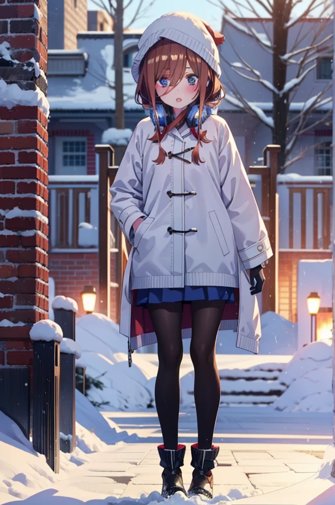 Mikunakano, miku nakano, Long Hair, bangs, blue eyes, Brown Hair, shirt, Hair between the eyes,blush, Open your mouth,White Breath,Scarf,Headphones around neck,Knitted hat,Blue long coat,V-neck sweater,Long skirt,Black pantyhose,short boots,Fluffy gloves,Standing leaning against a wall,Snow is piled up,It&#39;s snowing,whole bodyがイラスト入るように,Hidden in a building with a roof,
break outdoors, Building district,
break looking at viewer, whole body,
break (masterpiece:1.2), Highest quality, High resolution, unity 8k wallpaper, (figure:0.8), (Beautiful attention to detail:1.6), Highly detailed face, Perfect lighting, Highly detailed CG, (Perfect hands, Perfect Anatomy),