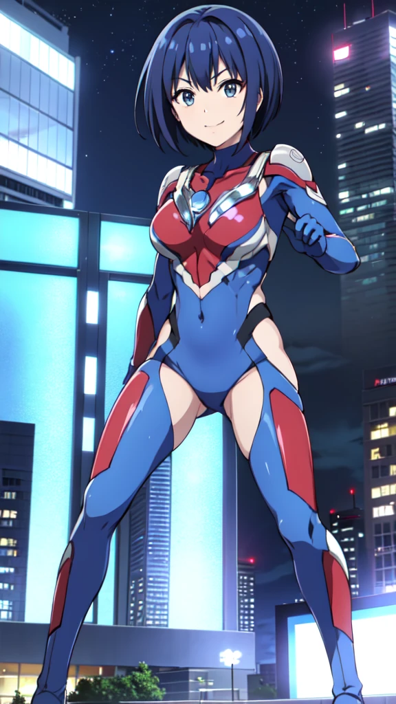 michirutojo, masterpiece, View your viewers,
Blue Hair, Cowboy Shot、Combat Stance、Ultraman bodysuit、Hero Suit,Tight Suit,smile、(building:1.2)、Night view