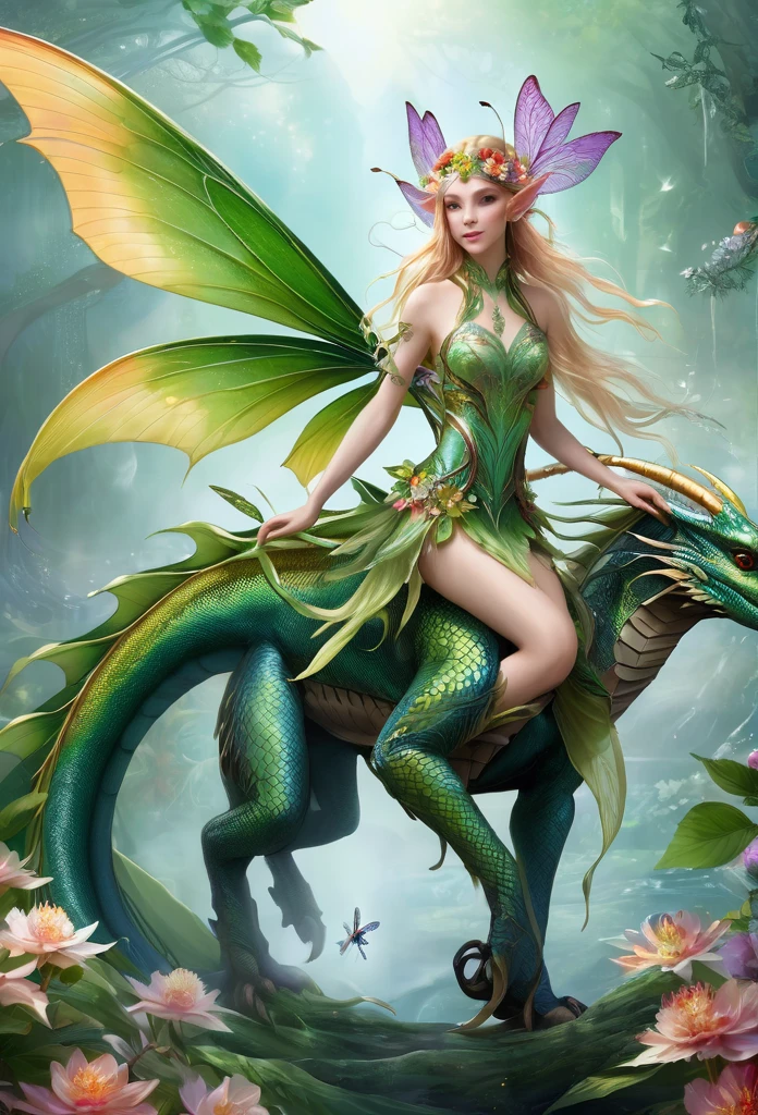 faerie,(full body),elf ears,dragonfly wings, ,hair decorated with flowers, Branches and Leaves, she's ridin on a beautiful dragon,around a scene of magic,,a bit of mist(high qualiy),(refined details),(work of art)