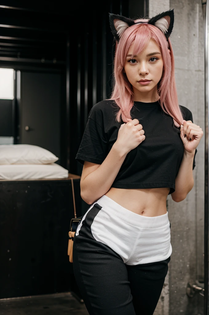 a woman with pink hair with cat ears wearing a black shirt and black and white pants