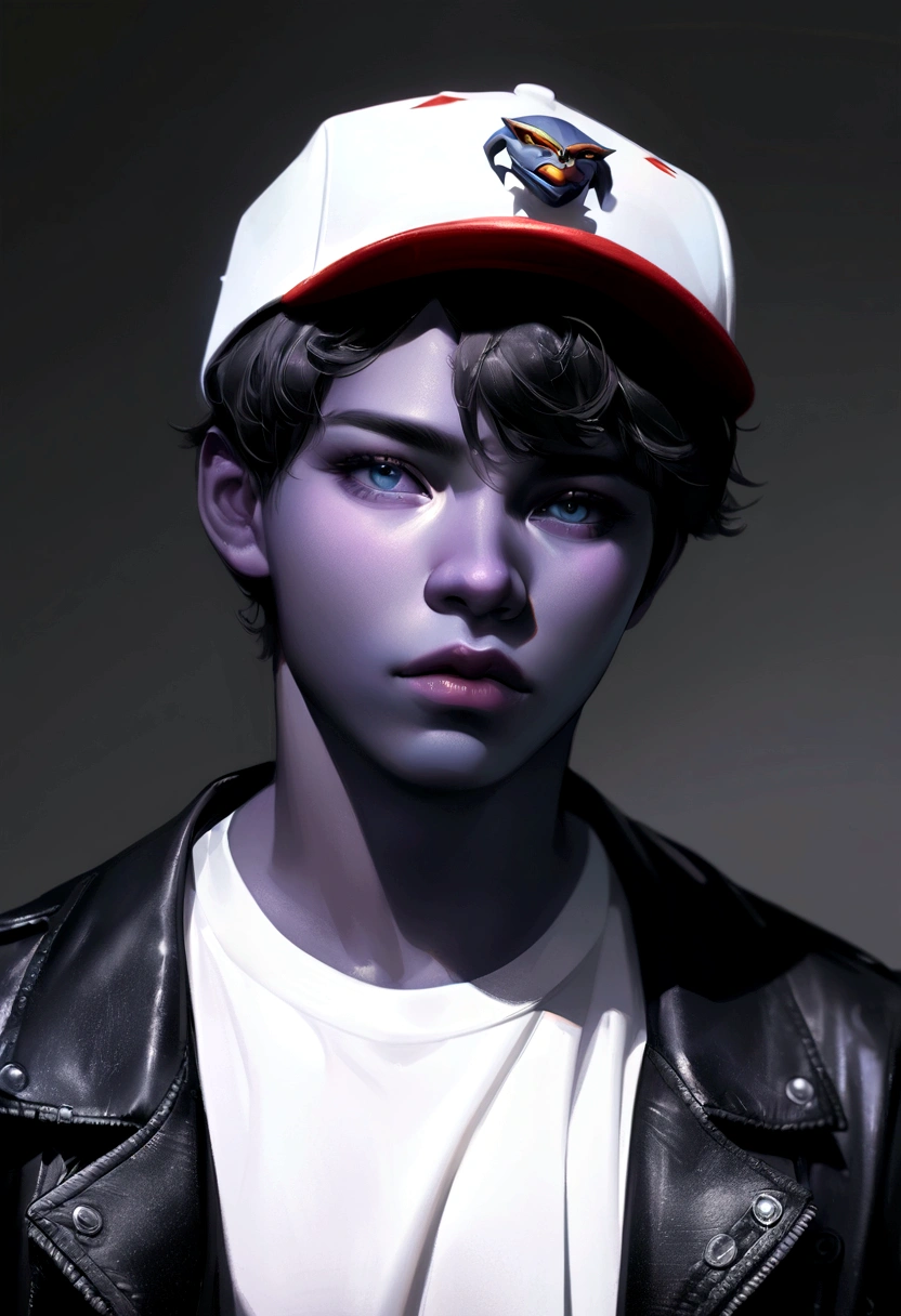 sharp man in leather jacket and hat posing for a photo, inspired por Russell Dongjun Lu, inspired by Yanjun Cheng, yanjun chengt, hyperrealistic teen, por Russell Dongjun Lu, Ross Tran 8K, hyper-realistic colorful photo, portrait of a teenage robot, ross tran style, Akehiko Inoue e Ross Tran, cute japanese demon boy