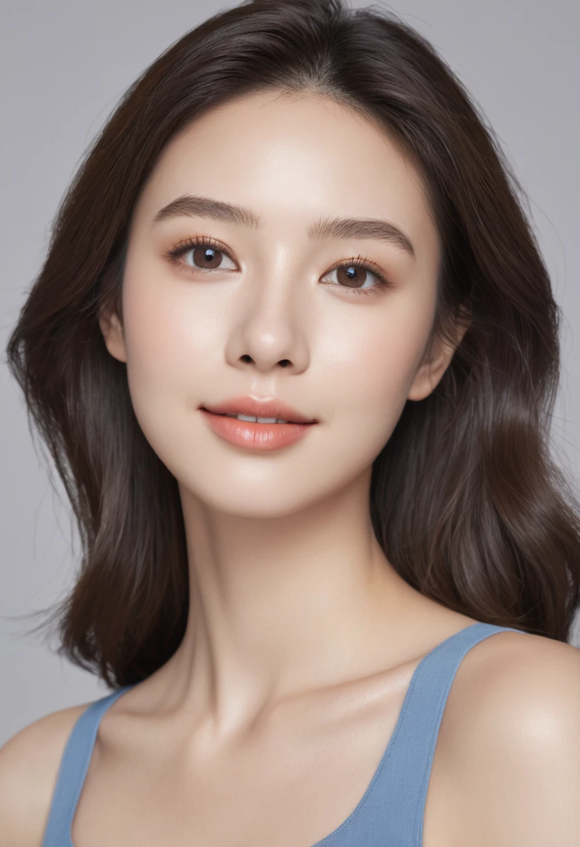 "Create a realistic image of a 22-year-old woman looking straight ahead. She has clear and smooth skin, with an even and healthy tone, no imperfections. Your hair is long, brown and wavy and tied. Her eyes are light brown, grandes e expressivos, with long eyelashes and well-defined eyebrows. She has an oval face, with slightly rosy cheeks and full lips with a subtle smile. She is wearing a simple blue blouse, with light, natural makeup, highlighting your natural beauty. The background of the image is neutral, preferably light in color, to highlight your facial features. Lighting is soft and even, no harsh shadows, to enhance skin texture and facial details."