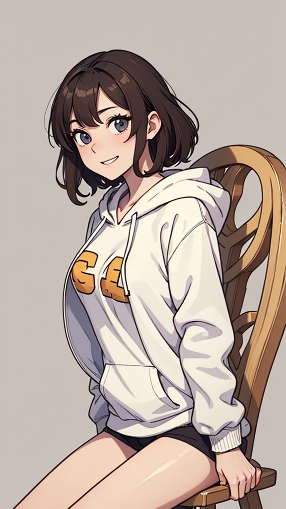 (((masterpiece, best quality, ultra highres, 1 girl, solo, no background))), super detailed skin and face and eyes and finger, beautiful japanese woman, small breasts:1.5, skinny, light brown hair, white background, very short curly pixie hair, (an illustration of girl), Knee shot, Generate with illustrations, Various expressions, Various poses, Please draw the entire character within the frame, ensuring that the head, arms, and legs are not cut off. The background should be simple, with the character positioned centrally, outline, anime, hoodie, laugh, boyish,