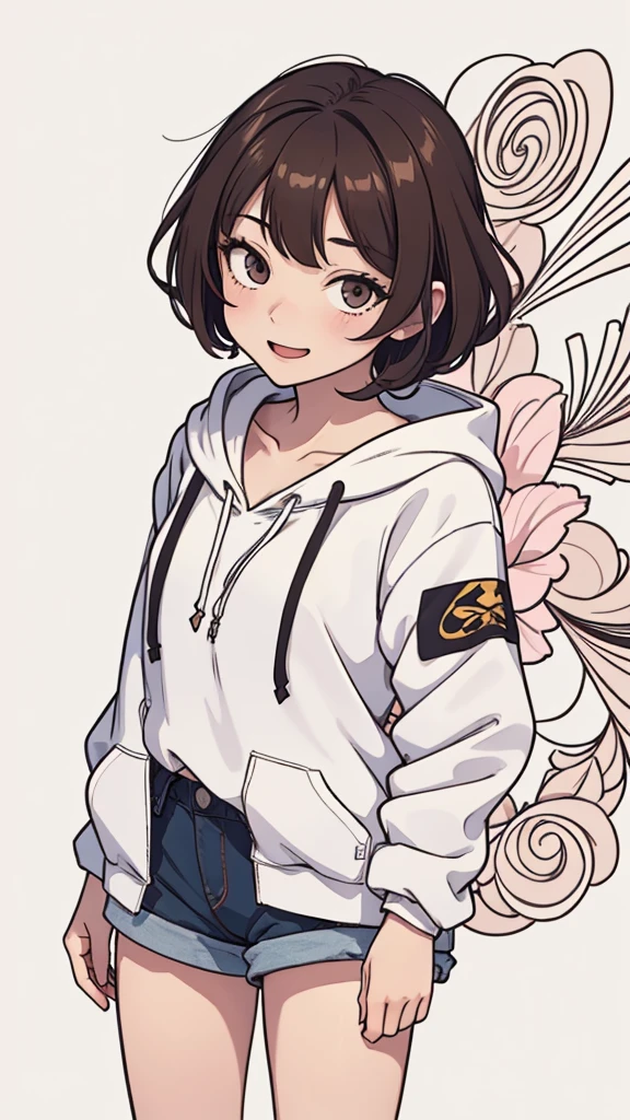 (((masterpiece, best quality, ultra highres, 1 girl, solo, no background))), super detailed skin and face and eyes and finger, beautiful japanese woman, small breasts:1.5, skinny, light brown hair, white background, very short curly pixie hair, (an illustration of girl), Knee shot, Generate with illustrations, Various expressions, Various poses, Please draw the entire character within the frame, ensuring that the head, arms, and legs are not cut off. The background should be simple, with the character positioned centrally, outline, anime, hoodie, laugh, boyish,
