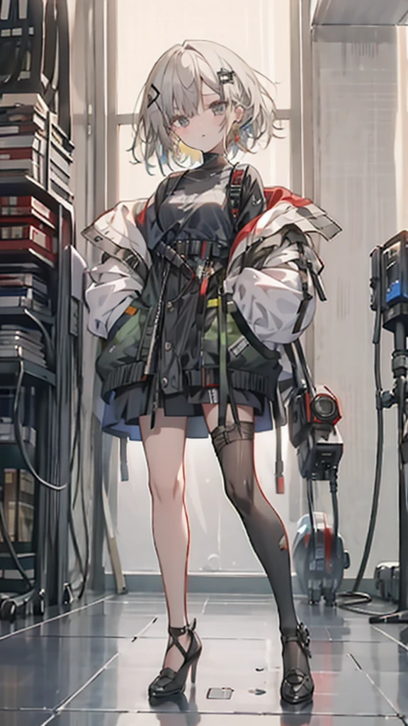 1 girl, short yellow hair, cyberpunk, Alice in Wonderland, black high heels, hand in pocket, best quality, 4k, 8k, highres, masterpiece:1.2, ultra-detailed, realistic, photorealistic, photo-realistic:1.37, HDR, UHD, studio lighting, ultra-fine painting, sharp focus, physically-based rendering, extreme detail description, professional, vivid colors, bokeh, concept art