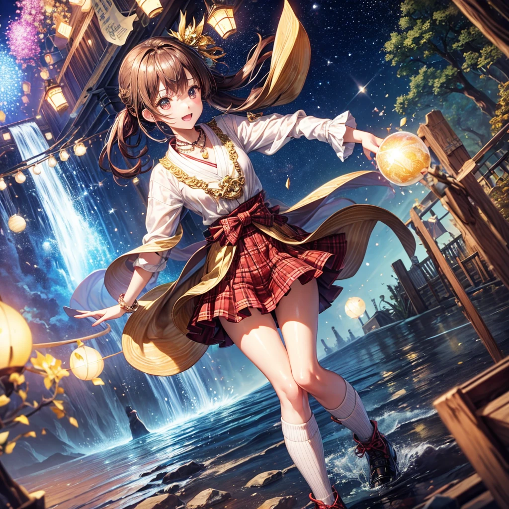 Red, brown, gold, gold hair、Golden Eyes、Hair tied up、One good looking girl、solo、anime、Checkered mini skirt、Ruffles on the skirt、Checked dress、blouse、Kimono、Black knee-high socks、Ribbon、Ribbon on waist、Teeth are visible、Sparkly Necklace、From above、Cobblestones、waterfall、Starry Sky、Midnight Moon、suspension bridge、Soap bubbles are flying、beam、Standing still、Transparent、Dragon flying、time and space、goddess、Billboard、Edo