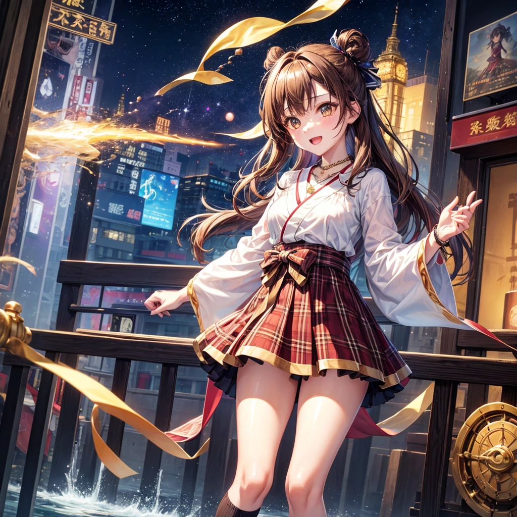 Red, brown, gold, gold hair、Golden Eyes、Hair tied up、One good looking girl、solo、anime、Checkered mini skirt、Ruffles on the skirt、Checked dress、blouse、Kimono、Black knee-high socks、Ribbon、Ribbon on waist、Teeth are visible、Sparkly Necklace、From above、Cobblestones、waterfall、Starry Sky、Midnight Moon、suspension bridge、Soap bubbles are flying、beam、Standing still、Transparent、Dragon flying、time and space、goddess、Billboard、Edo
