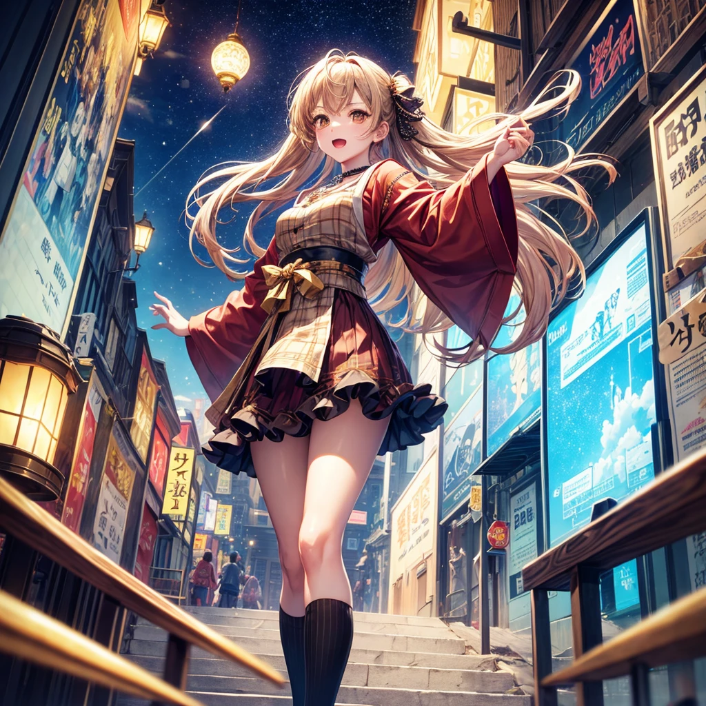 Red, brown, gold, gold hair、Golden Eyes、Hair tied up、One good looking girl、solo、anime、Checkered mini skirt、Ruffles on the skirt、Checked dress、blouse、Kimono、Black knee-high socks、Ribbon、Ribbon on waist、Teeth are visible、Sparkly Necklace、From above、Cobblestones、waterfall、Starry Sky、Midnight Moon、suspension bridge、Soap bubbles are flying、beam、Standing still、Transparent、Dragon flying、time and space、goddess、Billboard、Edo