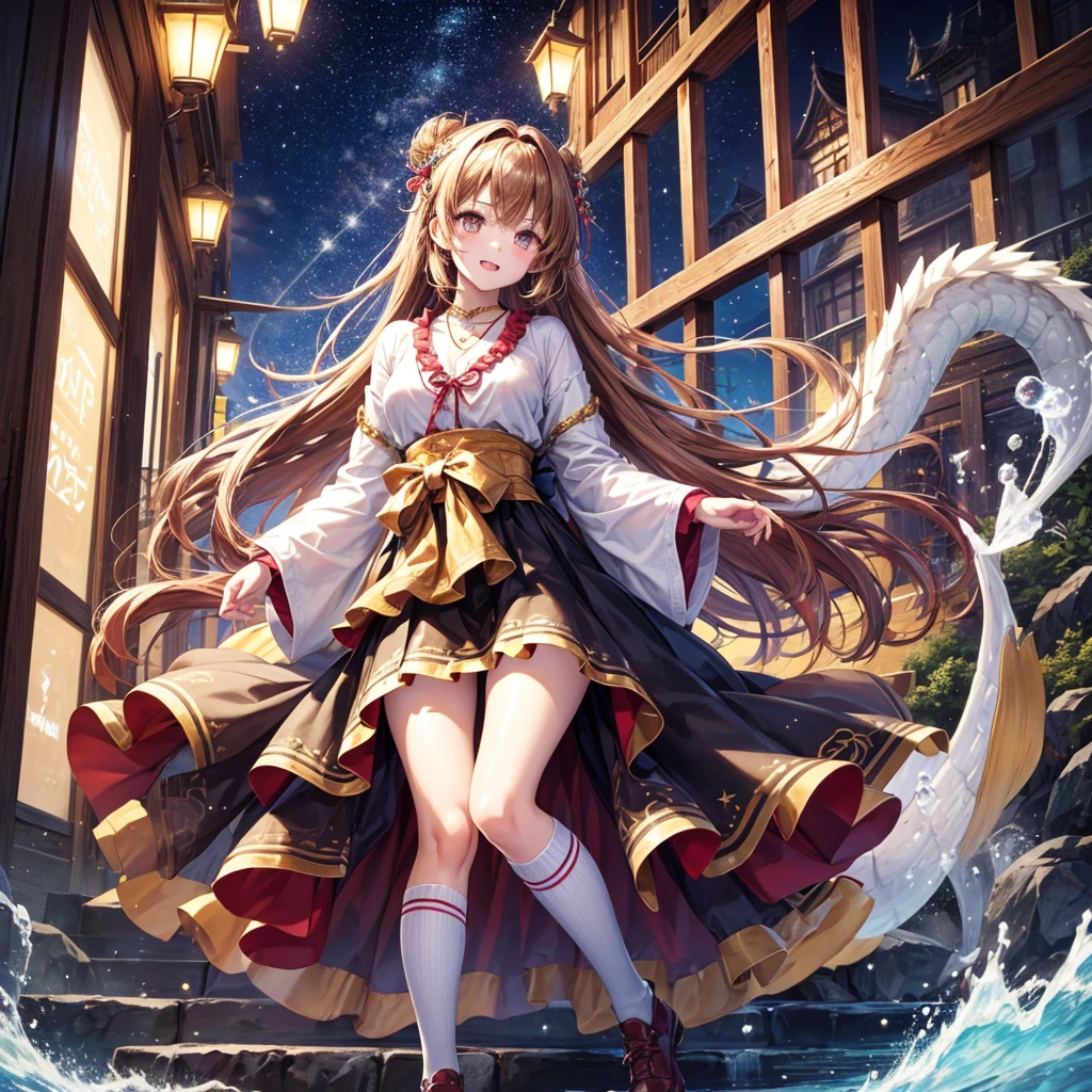 Red, brown, gold, gold hair、Golden Eyes、Hair tied up、One good looking girl、solo、anime、Checkered mini skirt、Ruffles on the skirt、Checked dress、blouse、Kimono、Black knee-high socks、Ribbon、Ribbon on waist、Teeth are visible、Sparkly Necklace、From above、Cobblestones、waterfall、Starry Sky、Midnight Moon、suspension bridge、Soap bubbles are flying、beam、Standing still、Transparent、Dragon flying、time and space、goddess、Billboard、Edo