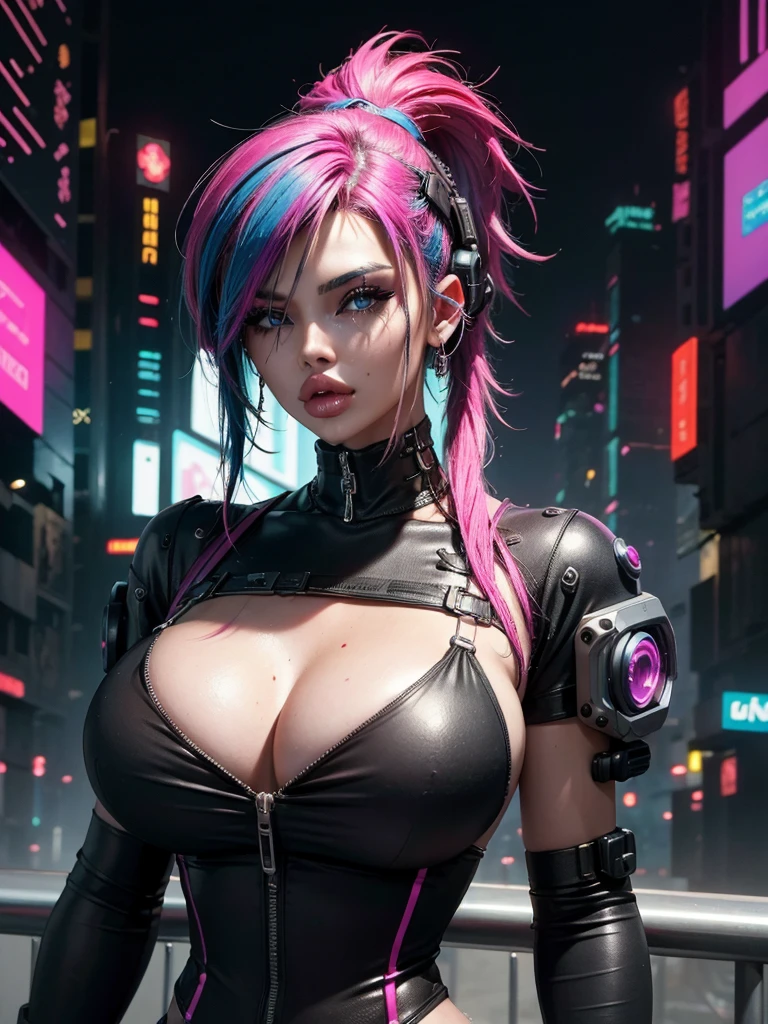 ((Best quality)), ((masterpiece)), (highly detailed:1.3), 3D, beautiful (cyberpunk:1.3) hacker woman with colored hair, black clothes looking at camera