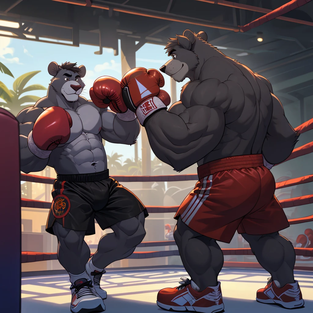 Baloo's training for the boxing championship, dark fur, thick arm, huge arm, Dark hair, muscular, pectoral, wide pectoral, realistic, 8k, masterpiece, (wearing black boxing shorts, boxing gloves and shirtless:1.3, topless, shoes) punching the punching bag, jungle book disney art