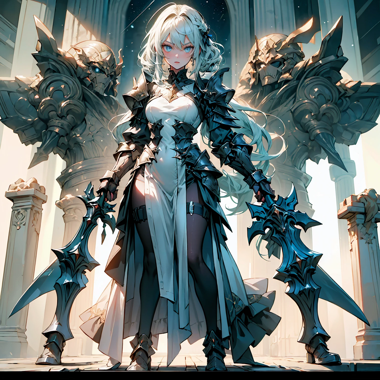 (((masterpiece, best quality, high detailed, 8k))) Design a layout showcase Gaming character, (1girl). Gold|White clothes, stylish and unique. ((showcase weapon:1.4)), celestial bow. (masterpiece:1.2), (best quality), 4k, ultra-detailed. (Step by step design, layout art:1.5), (luminous lighting, atmospheric lighting). celestial archer, ((glove full hands)), (((revealing clothes:1.3))), vambraces, armored legwear, (((full_body_shot:1.4))). {In a starry sky}.