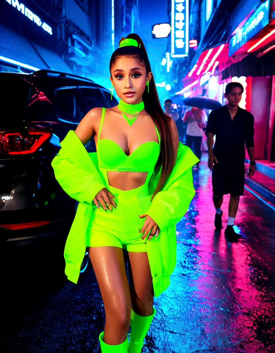 ariana grande, 25 years old, neon green sexy rave outfit, walking streets of bangkok at night, friendly and flirtatious expression, crowded street, light rain, detailed facial features, beautiful eyes and lips, high quality, photorealistic, 8k, hyper detailed, studio lighting, vibrant colors, cyberpunk neon aesthetic