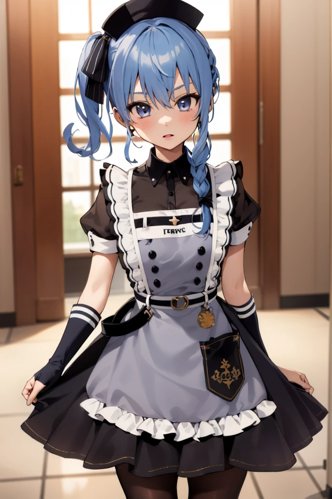 1girl, solo, detailed face, , , SuiseiMaid, long hair, single braid, black nurse cap, double-breasted grey apron, chest belt, elbow gloves, crinoline, black pantyhose,,,indoor,standing,looking viewer,side ponytail,small breasts