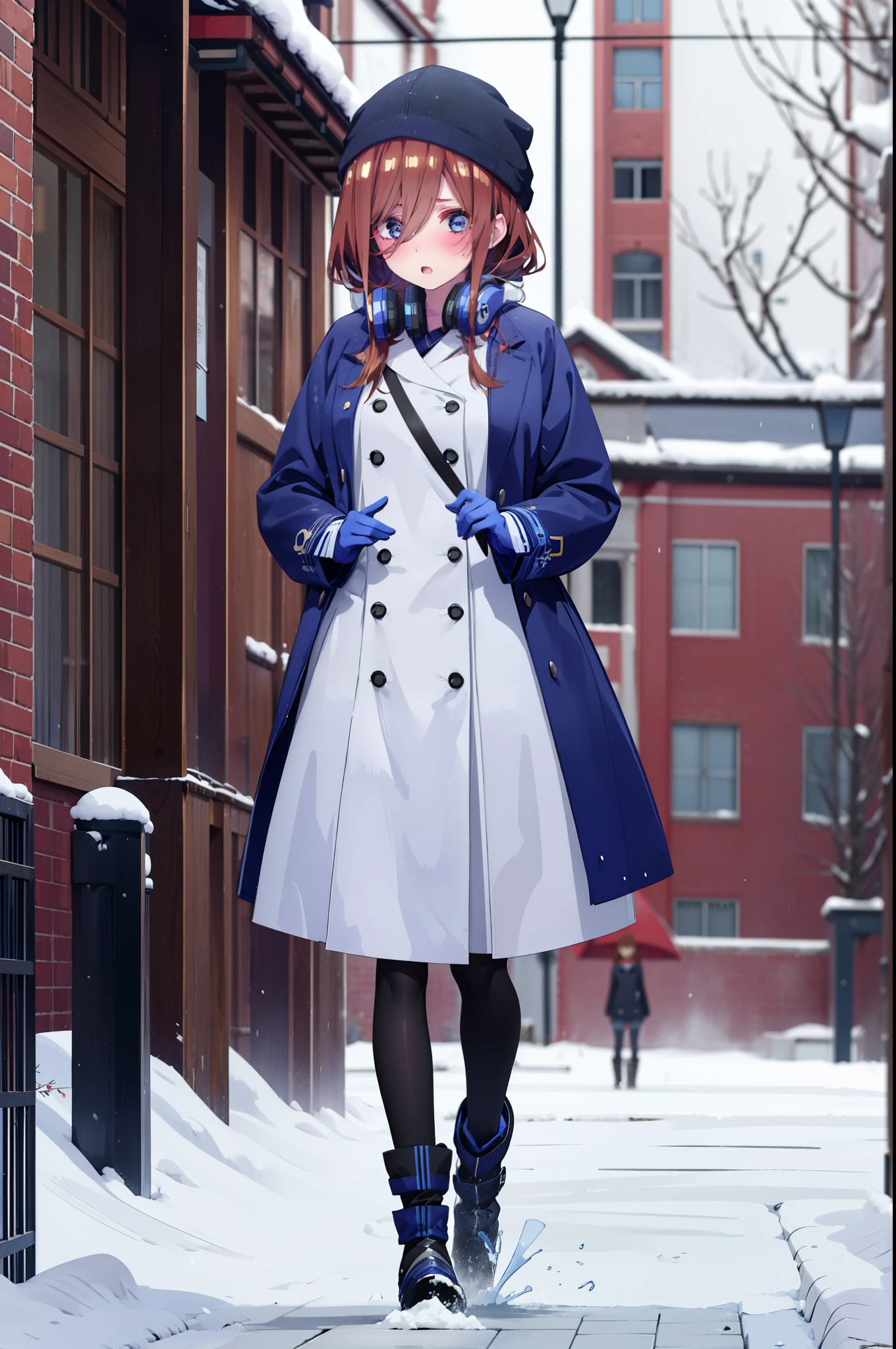 Mikunakano, miku nakano, Long Hair, bangs, blue eyes, Brown Hair, shirt, Hair between the eyes,blush, Open your mouth,White Breath,Scarf,Headphones around neck,Knitted hat,Blue long coat,V-neck sweater,Long skirt,Black pantyhose,short boots,Fluffy gloves,Standing leaning against a wall,Snow is piled up,It&#39;s snowing,whole bodyがイラスト入るように,Hidden in a building with a roof,
break outdoors, Building district,
break looking at viewer, whole body,
break (masterpiece:1.2), Highest quality, High resolution, unity 8k wallpaper, (figure:0.8), (Beautiful attention to detail:1.6), Highly detailed face, Perfect lighting, Highly detailed CG, (Perfect hands, Perfect Anatomy),