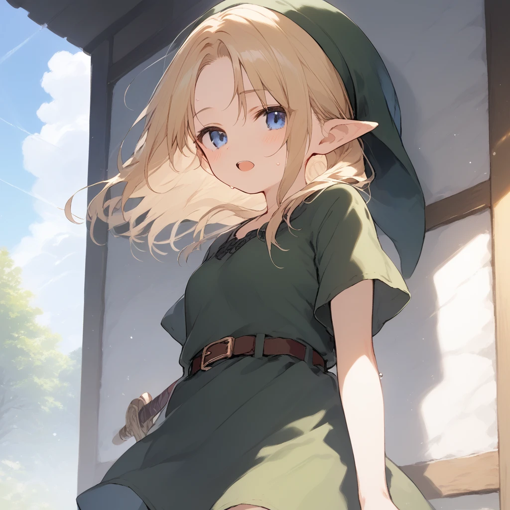 score_9, score_8_up, score_7_up, source_anime, best quality, masterpiece, official art, absurdres, highres, ultra-detailed,waifu2x,Collection: Slice of Life,break,1girl, YoungLink,13-year-old, small breasts, blonde hair, green tunic, pointy ears, hat, solo, blue eyes,green_headwear belt, sword, sweat, open mouth, sleepily, meadow, outdoors, wind,break,(clear line illustration:1.2), super detailed skin,very high resolution, very aesthetic, Best sexual lighting powered by famous artist, 8k,cute picture,beauty illustration,photoshop_(medium),,(Detailed Lighting),best anime 8k konachan wallpaper, pixiv contest winner,