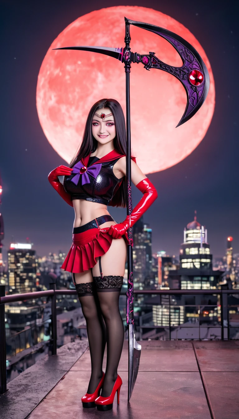 (High quality, masterpieces), One Japanese girl, black long hair, Beautiful face, Sleepy eyes, evil smile, Brown eyes, Crimson wide sailor collar, Crimson ruffle mini skirt, Huge violet ribbon covering over her breast, Attach a skull shaped brooch at center of the ribbon, Exposing skin around navel, Metallic silver crop top, Crimson leather long gloves, Python skin pattern stockings, Crimson stiletto Heels, Garter belt, Standing position with her legs split, circlet made of black metal with a purple jewel on forehead, broad and deep dark-pink eyeshadow, Attach sheep's horn to temporal region, Equip a huge death's scythe, On top of a tower overlooking skyscrapers, Midnight, red moon