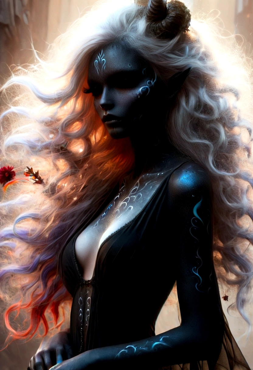 Masterpice ,Eternal Hunger as a central figure with piercing eyes, Lustful Wish in the form of a seductive glance, Desire as a subtle touch between two entities, Endless Vampiric Struggle depicted with a fierce battle, Tiring Eternity shown through weary expressions, all unified in a six-part poster, each image flowing seamlessly into the next, bioluminescent accents throughout, complex 3D render, hyper-realistic textures and skin, volumetric lighting casting an ethereal
create a digital image perfect eyes Hyper Detailed portrait, very pretty young girl, thick white hair long light billowing dress intricate black and ruby red floral design, floral accents, very long hair 1,8,
long sleeves} (((art by Mandy Disher Michael Garmash, Frank Frazetta, ))Background iridescent black color and red wire fractal swirling lines, Detailed,photorealistic, Vibrant, Sharp Focus, Character Design, Wlop, Artgerm, Kuvshinov, Character Design, Shiny Aura, 32k, golden ratio ,Masterpice ,award winningHighly Detailed, Dynamic Pose, Intricate Motifs, Organic Tracery, Perfect Composition, Warm Dreamy Tones, Digital Painting, Artstation, Smooth, Sharp Focus, Illustration, Award Winning Style & Composition)))
Golden ratio Woman in red and black dress paired with complex lace, embarrassed expression, long lilac hair flowing, close up, vibrant composition, digital painting, vibrant colors, ultra detailed