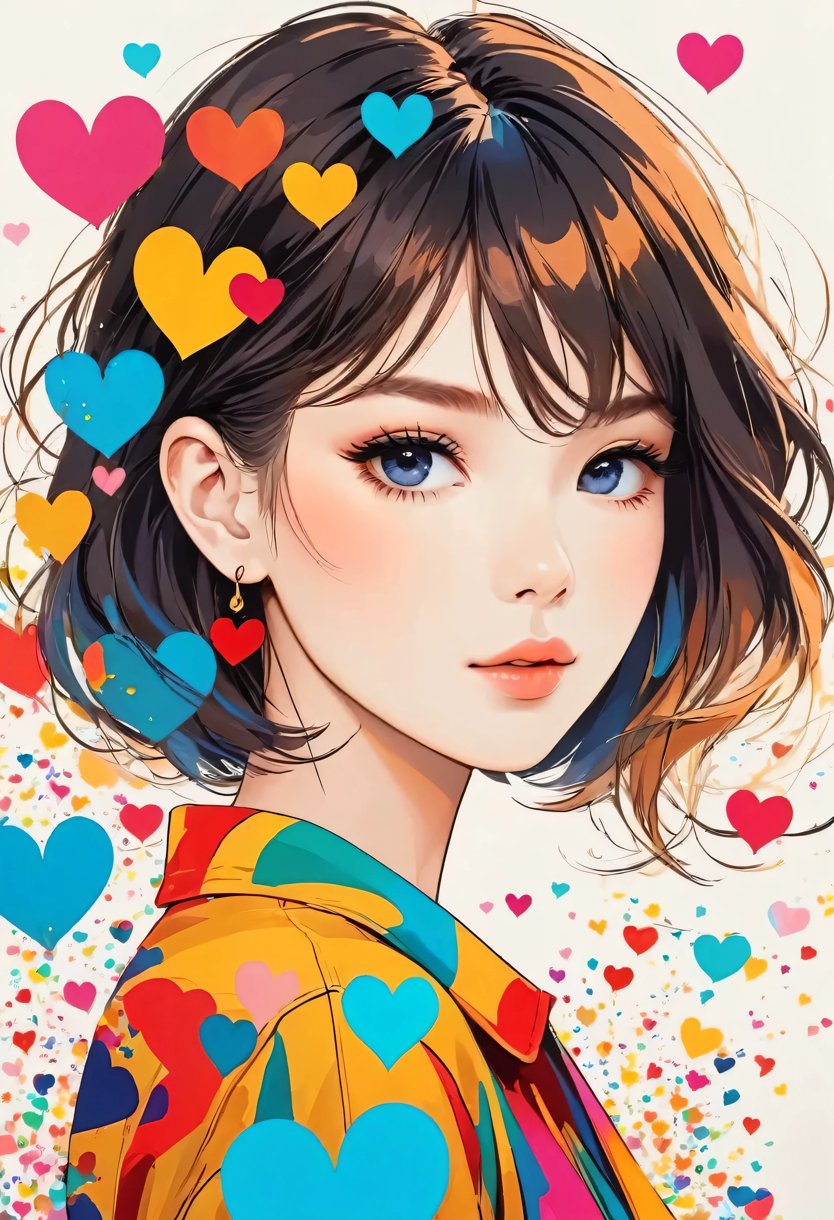 Mika Pikazo style, Simple Line Initialism，Abstract art，Urban Background, colorful hearts ,(((The most beautiful girl of all time))), Sweet face.