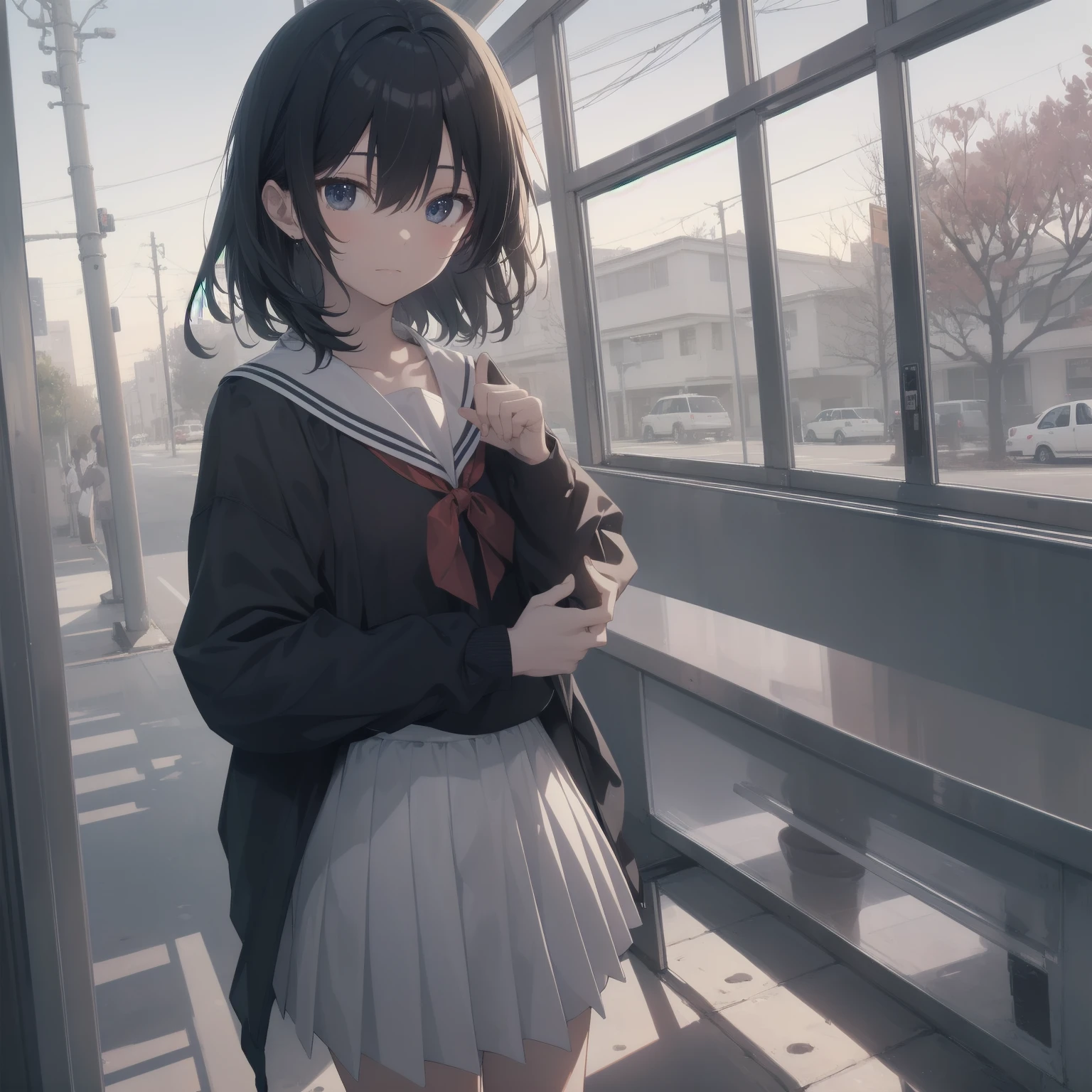 ultra-absurdres-Top quality by artist God, ultra-detailed, high resolution, anime moe artstyle, best anime 8k konachan wallpaper, pixiv contest winner, pool:2810, perfect anatomy,break, 1girl, (Please draw a girl walking sleepily to school alone. )break,(Solo,little female, 13-year-old:1.3),Full limbs, complete fingers,a junior high school student, (very short hair), short cut, flat chest, , small butt, small black eyes, beautiful detailed eyes, well-proportioned iris and pupils, expressive eyes, highres detailed hair, soft expression, salor school_uniform, sailor collar, serahuku, bow, pleated skirt,(Detailed Lighting), (Detailed background), in the School commute route. break,super detailed skin, Best cinematic lighting powered by famous artist, 8k,beauty illustration,photoshop_(medium),very aesthetic,break,((artist:yuuji_(and) )), artist:clamp ,artist:carnelian ,artist:kantoku ,
