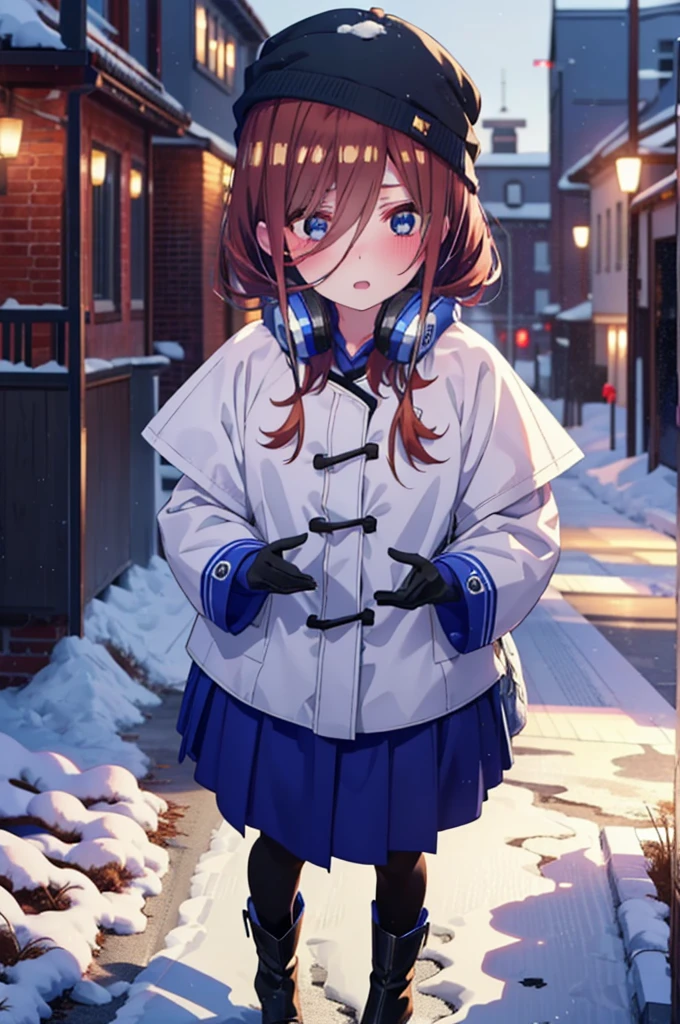 Mikunakano, miku nakano, Long Hair, bangs, blue eyes, Brown Hair, shirt, Hair between the eyes,blush, Open your mouth,White Breath,Scarf,Headphones around neck,Knitted hat,Blue long coat,V-neck sweater,Long skirt,Black pantyhose,short boots,Fluffy gloves,Standing leaning against a wall,Snow is piled up,It&#39;s snowing,whole bodyがイラスト入るように,Hidden in a building with a roof,
break outdoors, Building district,
break looking at viewer, whole body,
break (masterpiece:1.2), Highest quality, High resolution, unity 8k wallpaper, (figure:0.8), (Beautiful attention to detail:1.6), Highly detailed face, Perfect lighting, Highly detailed CG, (Perfect hands, Perfect Anatomy),