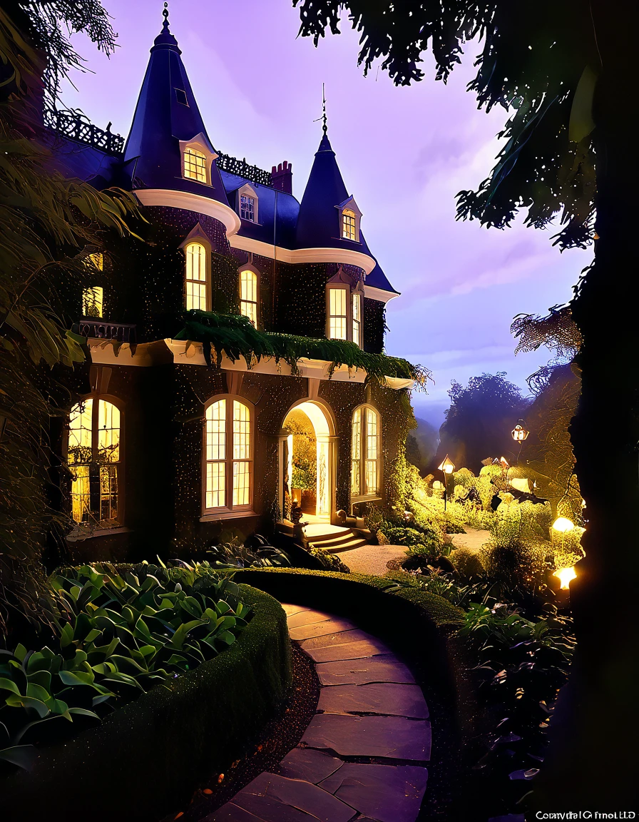 Create an incredibly atmospheric and detailed scene featuring "Adam’s Family House." Picture an eerie yet grand Victorian mansion situated on a hill, shrouded in mist and illuminated by the faint glow of a full moon. The mansion is adorned with gothic architectural elements—like pointed arches, intricate ironwork, and tall, narrow windows—each window dimly lit, casting an ominous glow.

Surrounding the mansion is a dense, overgrown garden filled with twisted, ancient trees, and strange, luminescent plants that seem to have a life of their own. A winding cobblestone path, lined with flickering lanterns, leads up to the large, ornately carved front doors.

In the foreground, a gathering of the family members—each with distinct, quirky characteristics and attire reminiscent of gothic fashion—can be seen engaging in mysterious activities. Some might be holding antique, glowing artifacts, while others are accompanied by bizarre, fantastical pets.

The sky above is stormy, with dark, swirling clouds and occasional flashes of lightning that illuminate the scene in dramatic, contrasting light and shadow. The overall color palette should be dark and moody, with deep purples, blues, and blacks, punctuated by the eerie greens and pale yellows of the mansion’s lights and garden plants.

The entire image should evoke a sense of gothic elegance and supernatural mystery, capturing the unique, otherworldly atmosphere of Adam’s Family House.