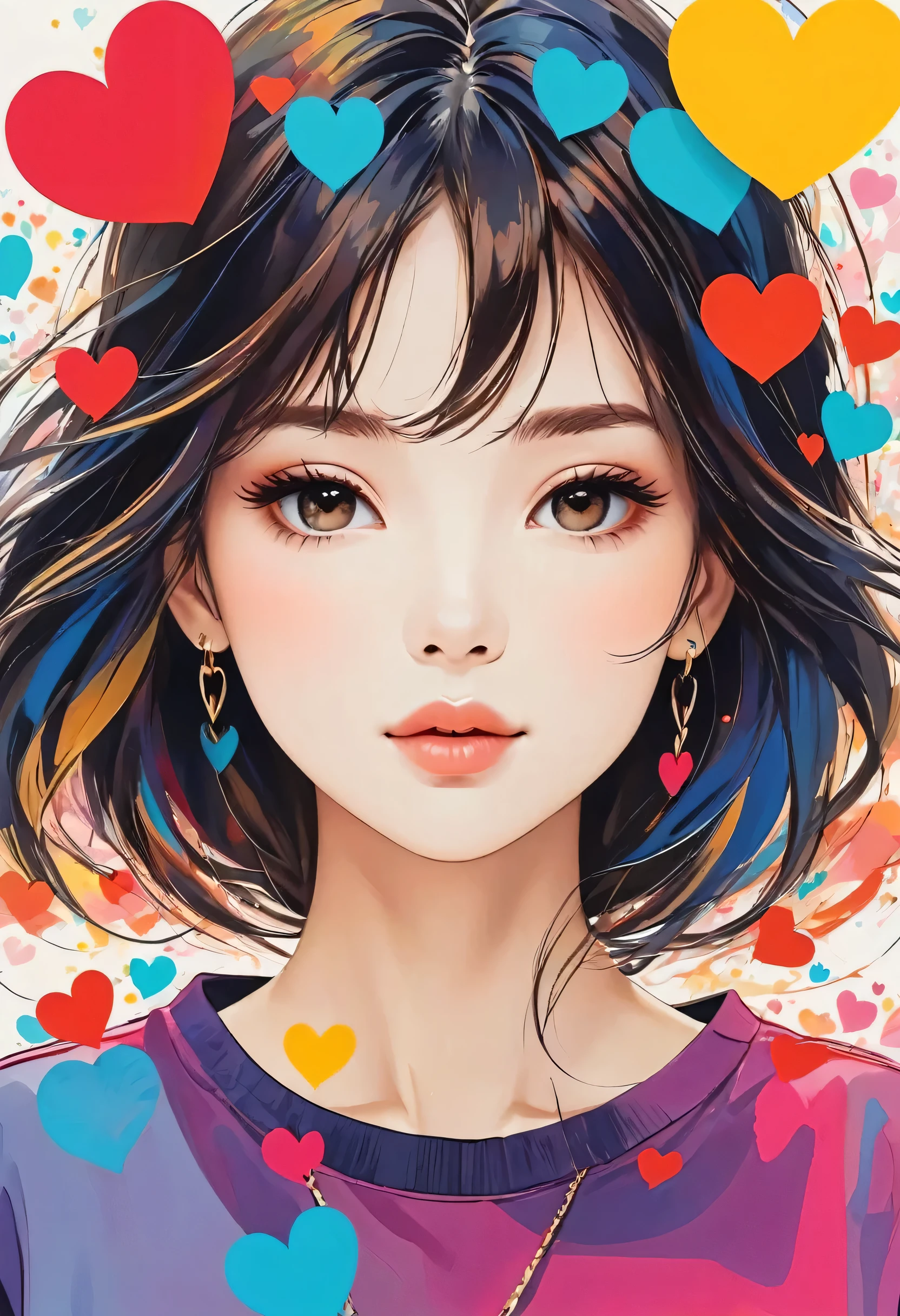 Mika Pikazo style, Simple Line Initialism,Abstract art,Urban Background, colorful hearts ,(((The most beautiful girl of all time))), Sweet face.