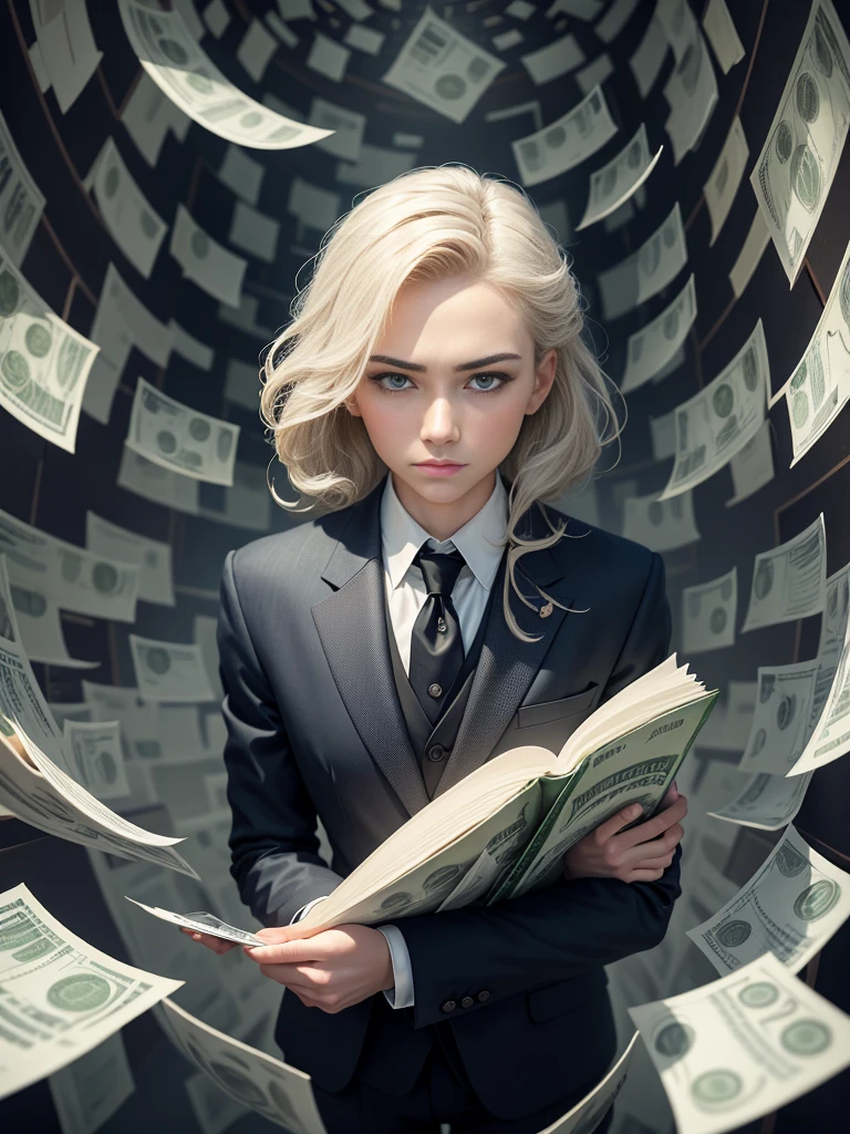 Detailed painting of a person in a suit, Surrounded by a storm of dollar bills, in the center「Financial Formula」Put down the book.
