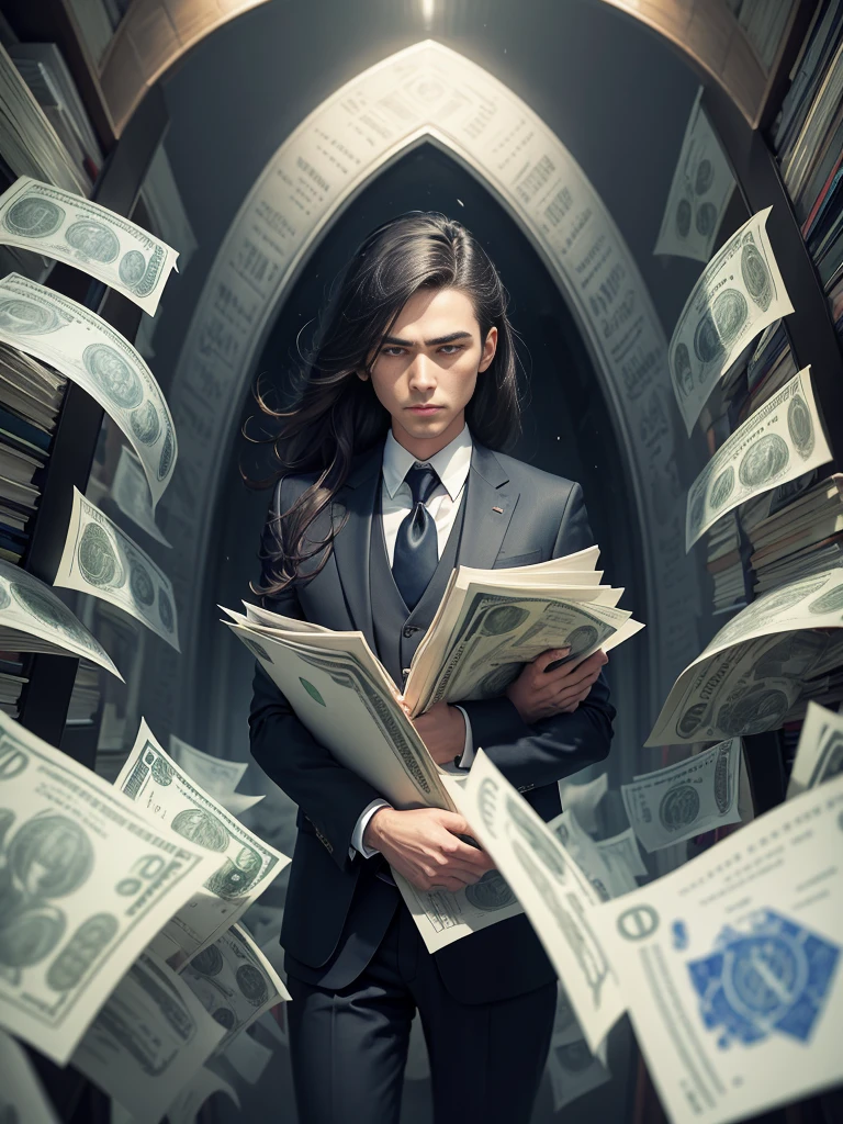 Detailed painting of a person in a suit, Surrounded by a storm of dollar bills, in the center「Financial Formula」Put down the book.