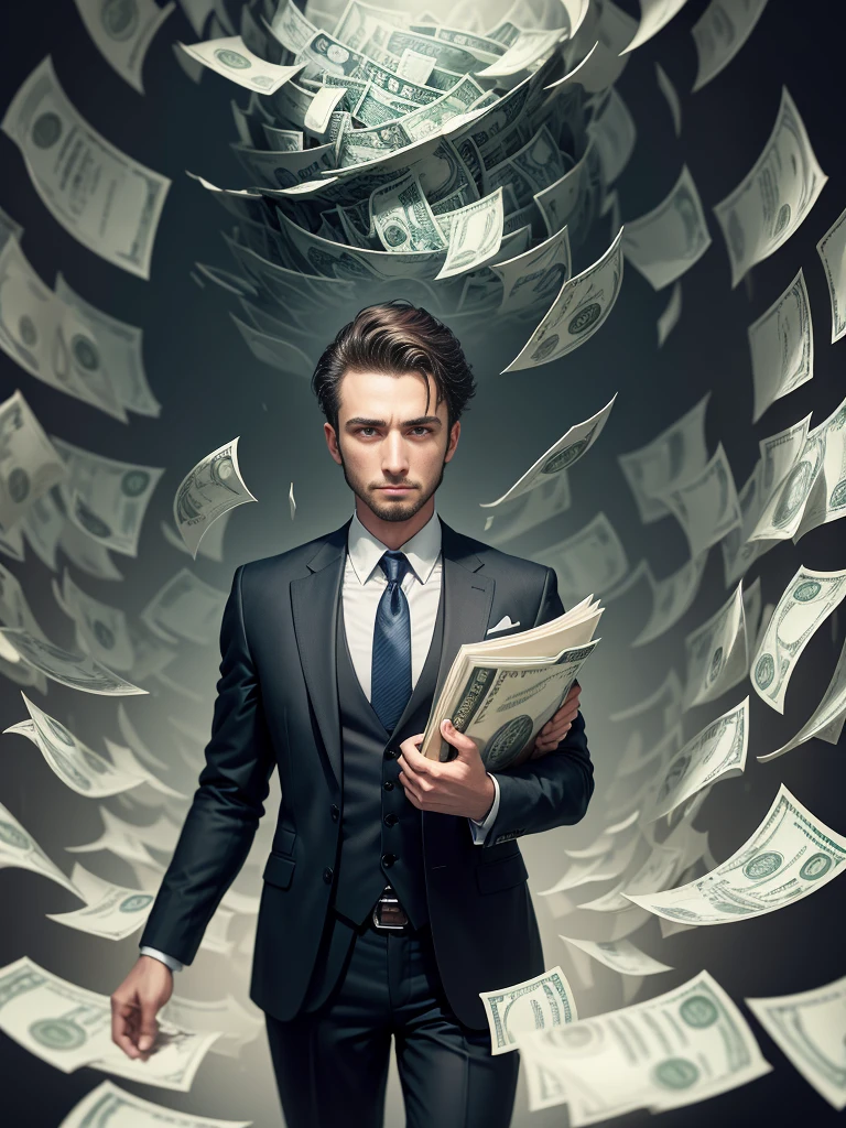 Detailed painting of a person in a suit, Surrounded by a storm of dollar bills, in the center「Financial Formula」Put down the book.