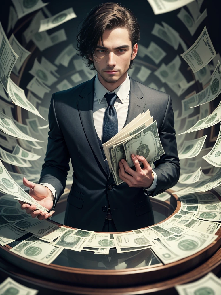 Detailed painting of a person in a suit, Surrounded by a storm of dollar bills, in the center「Financial Formula」Put down the book.