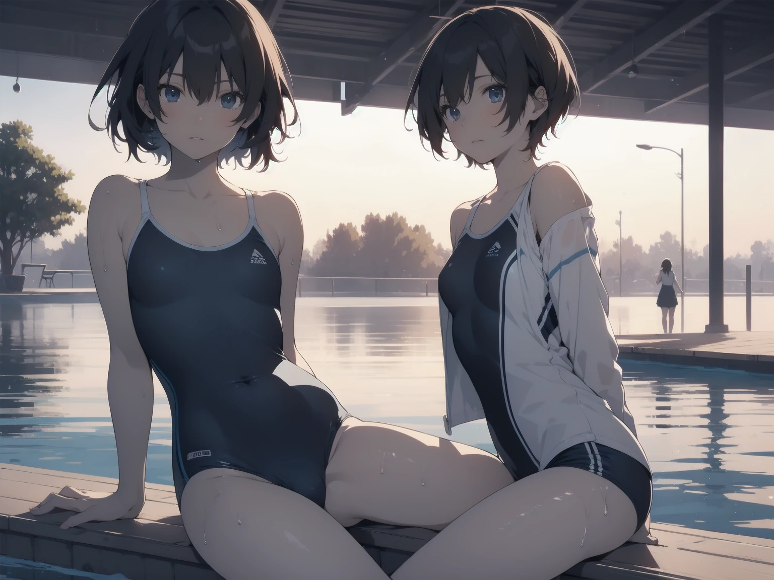 ultra-Top-quality by art God, ultra-detailed, high resolution, shinkai makoto style, anime moe artstyle, best anime 8k konachan wallpaper, pixiv contest winner, perfect anatomy, break,(Please draw a picture of a girl in a swimsuit sitting on a bench by the poolside alone.),break, a hyperrealistic school girl, parted lips, (Solo,ta, kid, 13-year-old:1.3),Full limbs, complete fingers, androgynous charm, very short hair, wet hair, small breasts,slender body, Small butt, groin, Small black eyes,hanme,beautiful detailed eyes, well-proportioned iris and pupils, sleepily, highres detailed hair, swimsuit, wet swimsuit, bare shoulders, thighs, in the school pool. break,dewy skin, perspiration on the skin,skin texture, fine lines, pores, natural imperfections,light reflections, glossy skin, shiny skin,break,super detailed skin, shiny skin, Best lighting powered by famous artist, 8k, illustration,UHD, textured skin,break,((artist:yuuji_(and) )), artist:clamp ,artist:carnelian ,artist:kantoku ,