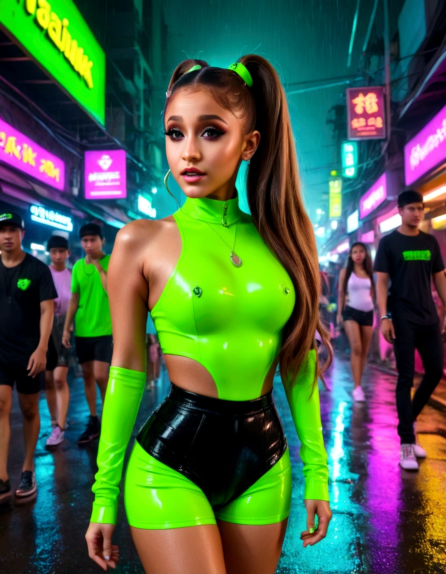 ariana grande, 25 years old, neon green sexy rave outfit, walking streets of bangkok at night, friendly and flirtatious expression, crowded street, light rain, detailed facial features, beautiful eyes and lips, high quality, photorealistic, 8k, hyper detailed, studio lighting, vibrant colors, cyberpunk neon aesthetic