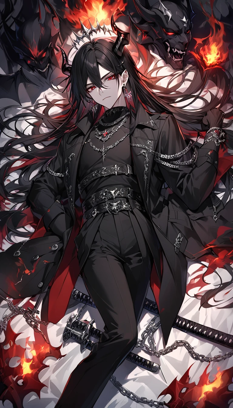 alone, good looking, 1 male, Long hair, Middle parted, Black hair, Red eyes, Black shirt, White Thailand, Black Trench Coat, Royal Silver Jewellery, Royal Demon Earrings, Black horns, Demon Crown, Demonic Katana, Chain, On Back, Demonic Black flames Aura, vtuber Character Design sheet