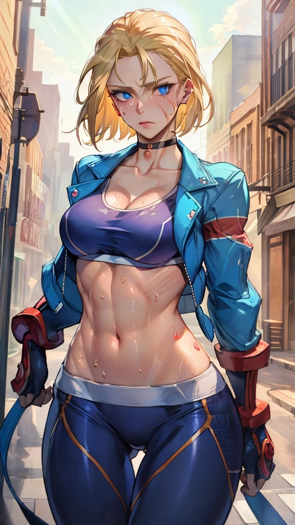 ((((masterpiece, best quality, high resolution)))), Extremely detailed 8K, 1 female, (Cammy White) wearing her Cammy White outfit, (Ultra HD, Ultra-detailed, Highly detailed, Highly realistic, Ultra-realistic, photograph realistic), (1girl:1.5), (Realistic short blond hair), (dynamic poses), facing at camera, looking at viewer, (a serious focus face), (regular blue eyes, sharp eyes), (perky breasts:1.2), (beautiful detailed face, beautiful detailed eyes), ((slightly sweating)), (preparing for a workout), sweat, glow, (sunbeam, sunlight), ((cowboy shot)), streets background, seductive, EnvyBetterHands LoCon,