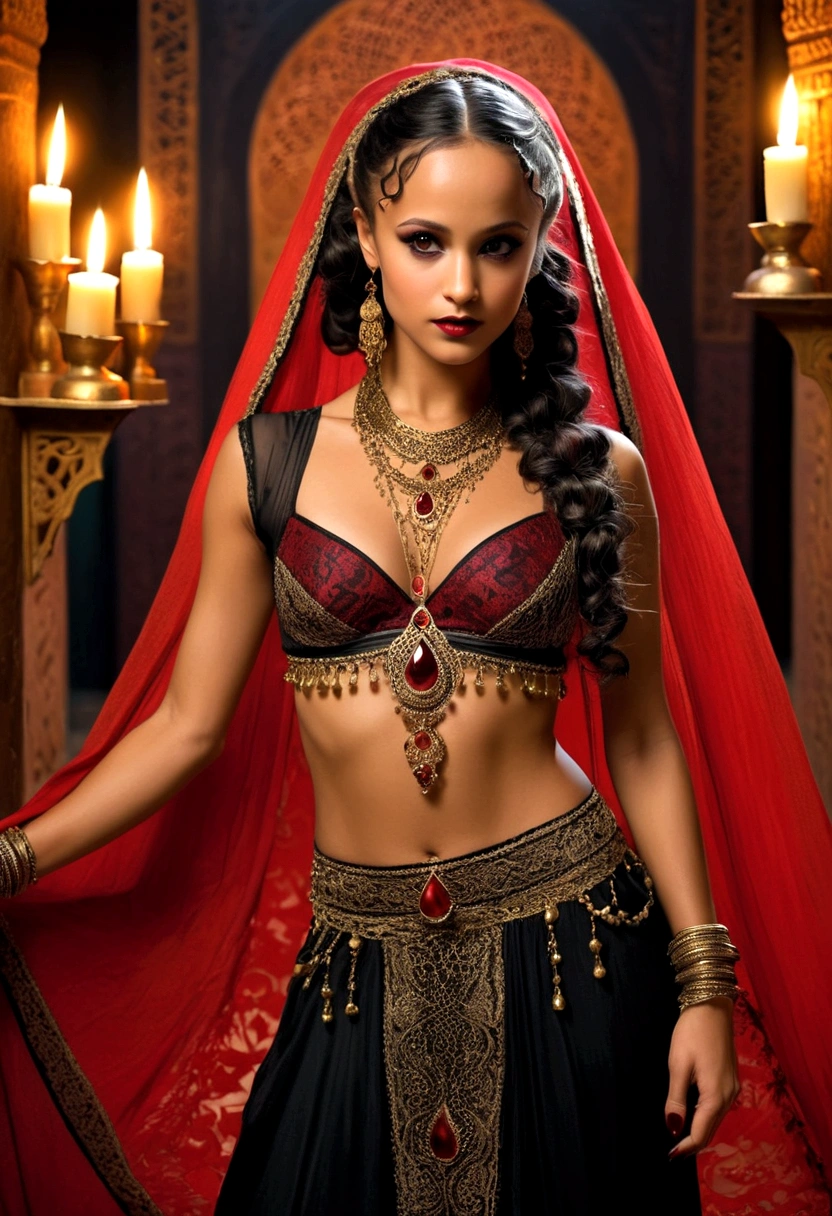 Full body shot Alicai Vikander gorgeous belly dancer, ringlets wavy five feet long black hair, updo hairstyle with ponytail on one side and bun long braid, strong thighs, dark red glossy lips, heavy black eye shadow long black eyeliner, long sharp red nails, black lace beautiful and povocative belly dancer veil outfit, beautiful forehead lace ornament, posing in a feminine palace harem, happy expression, dark ambience night time candle lights. No faces on her chest!