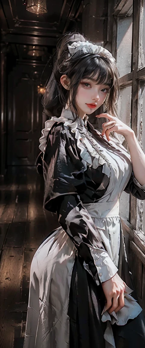 (absurd, high resolution, ultra-detailed), (absurd, high resolution, ultra-detailed), (1girl: 1.5), shot from the front, (sitting, holding the knees, crotch wide open from side to side: 1.4), (legs raised high up: 1.3), (white panties: 1.5), maid clothes, lewd poses, sensual poses, long sleeves and high collar, black and white, the skirt was wide and ruffled, The blouse has lace details or ribbons. In addition, they wear a dress on their head and a white apron over a hat. Frugal attic room