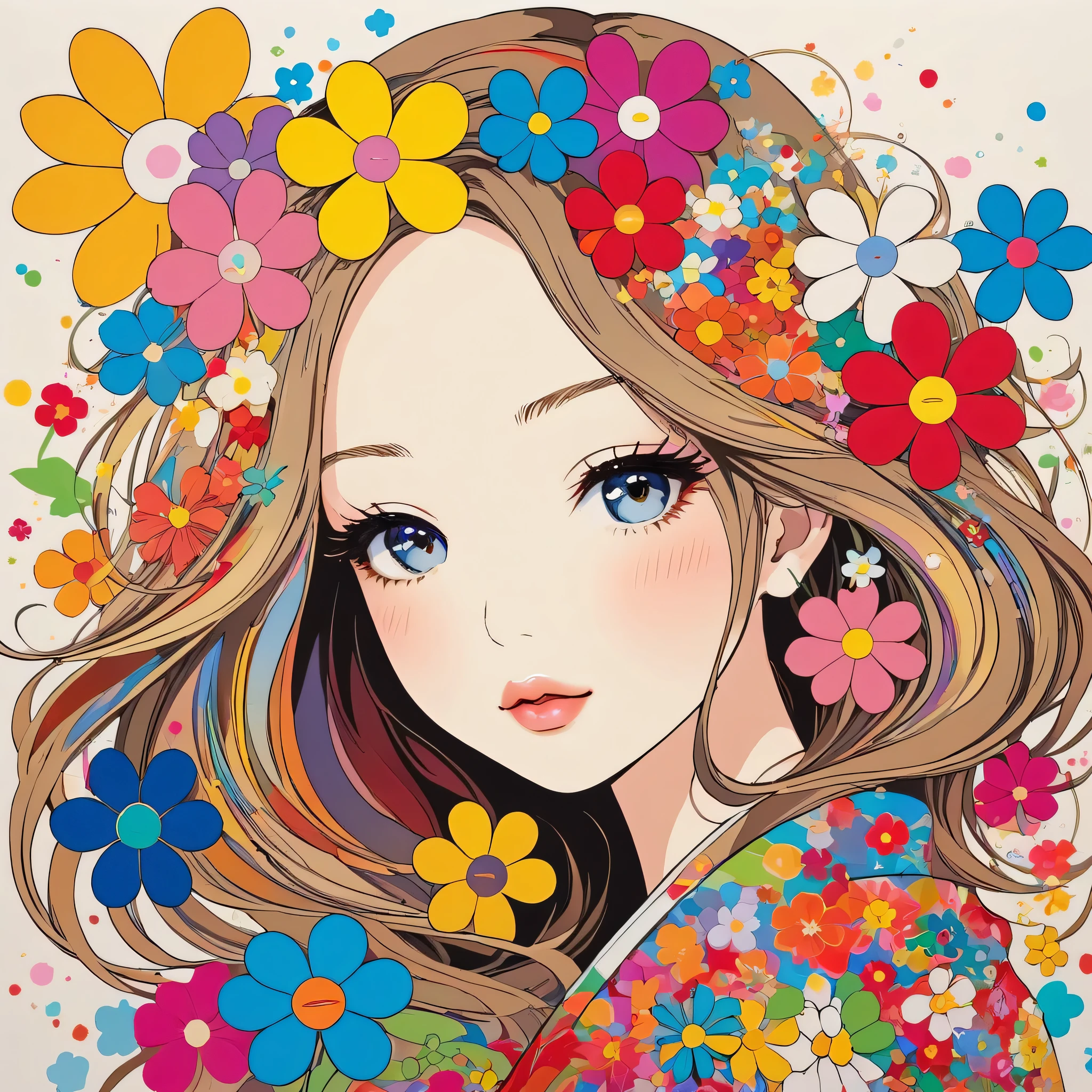 Takashi Murakami style, Simple Line Initialism,Abstract art,Urban Background, colorful flowers ,(((The most beautiful girl of all time))), Sweet face, Lips in love
