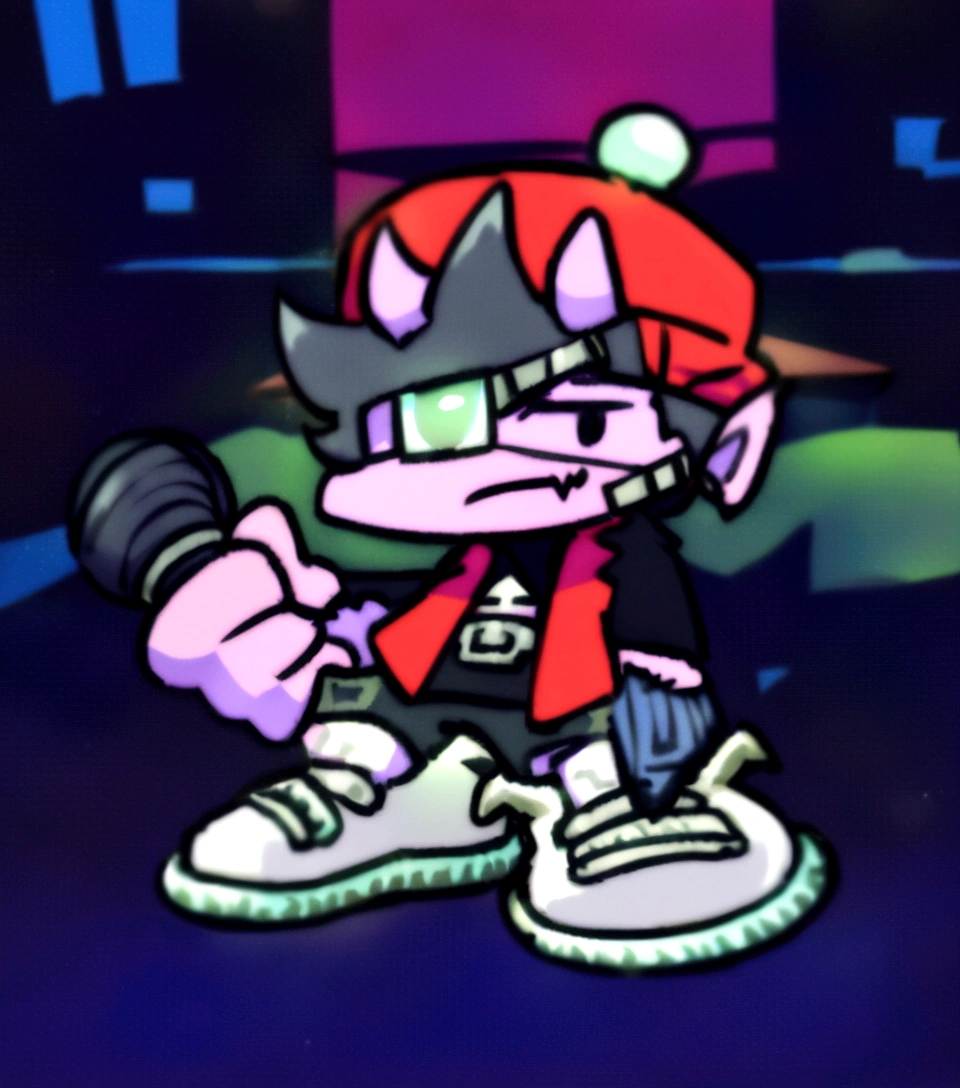 A demonic teenager with purple skin tone, wears a black eye patch on his left eye and shows his black right eye, black short hair, Above him is a red cap with white details, wears a white shirt along with a black jacket.