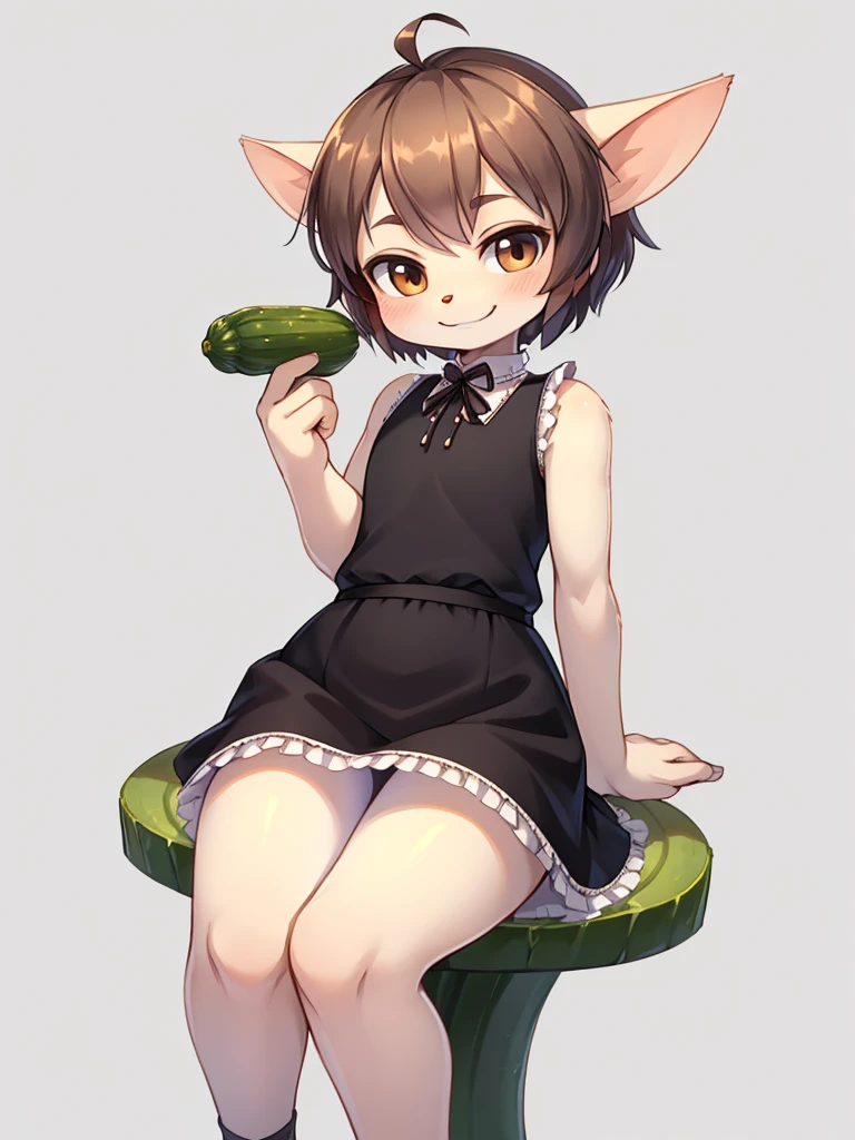 Naughty skinny small fairy , Simple design Frilly dress , Pixie Cut , upskirt , A mischievous smile , sneak peek , Sit on a cucumber