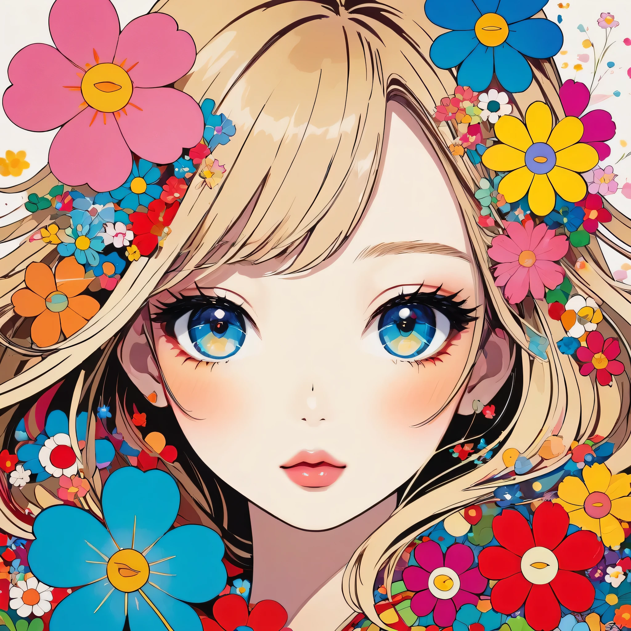 Takashi Murakami style, Simple Line Initialism,Abstract art,Urban Background, colorful flowers ,(((The most beautiful girl of all time))), Sweet face, Lips in love