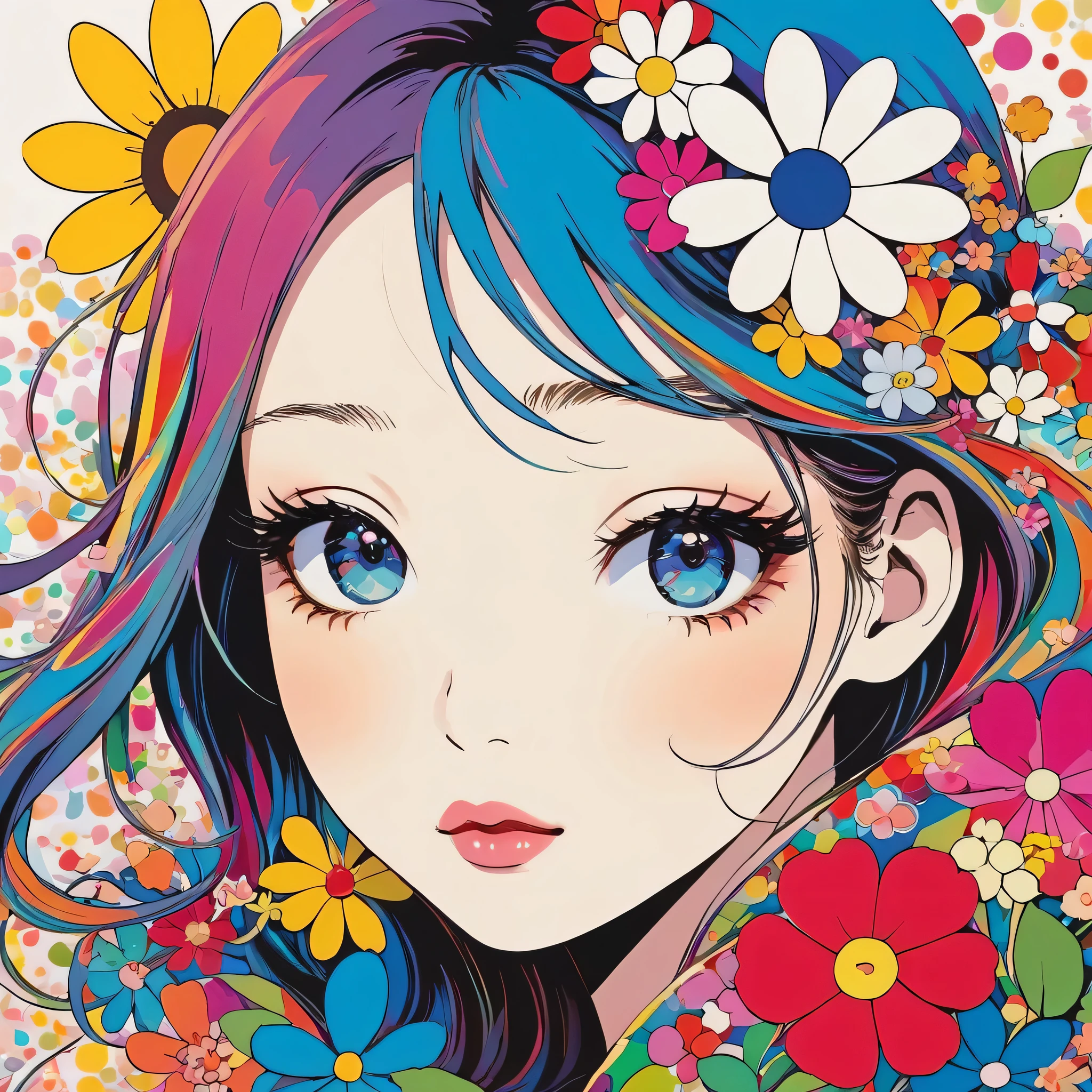 Takashi Murakami style, Simple Line Initialism,Abstract art,Urban Background, colorful flowers ,(((The most beautiful girl of all time))), Sweet face, Lips in love