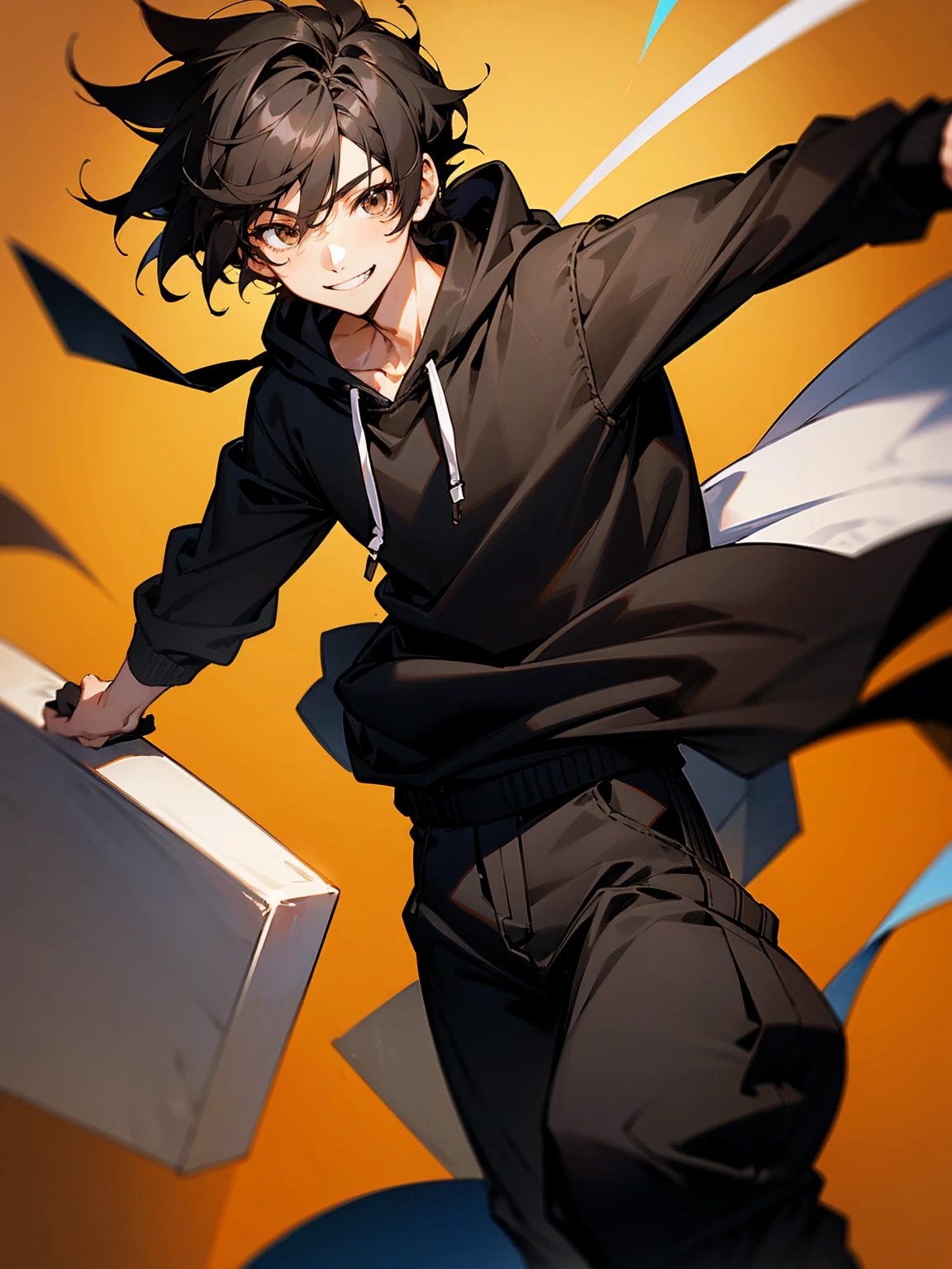 1male,black hair, sideswept hair, brown eyes, black and white hoodie, black baggy pants, smile