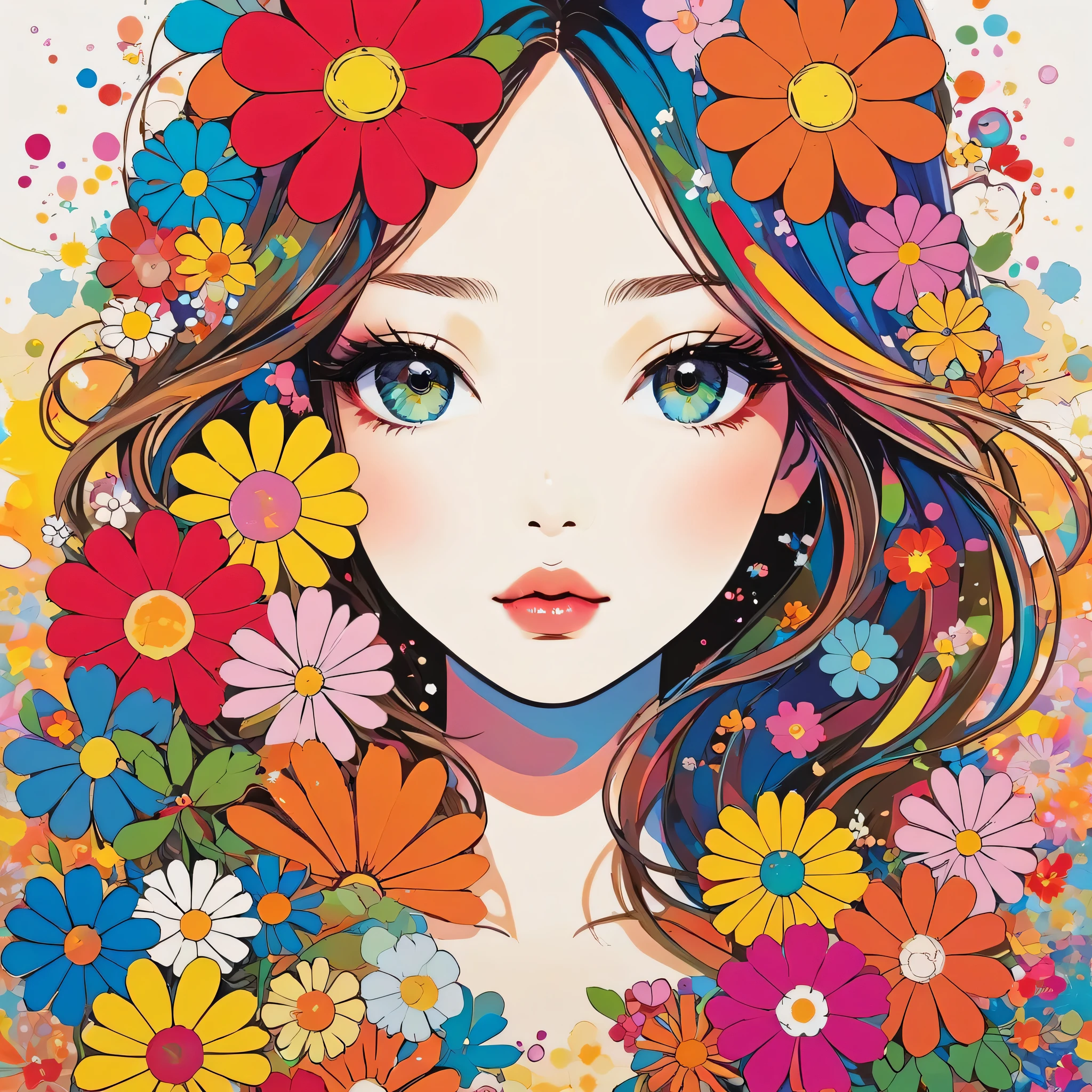 Takashi Murakami style, Simple Line Initialism,Abstract art,Urban Background, colorful flowers ,(((The most beautiful girl of all time))), Sweet face, Lips in love
